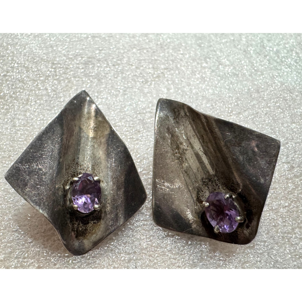Sterling Silver Modernist Earrings Artsy Purple Rhinestone Large 1.75"